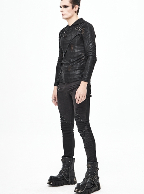 Punk Style Elastic Twill Stitching Contrast Color Rubber Knee Asymmetric Tie Rope Design Black Fake Two Piece Pants