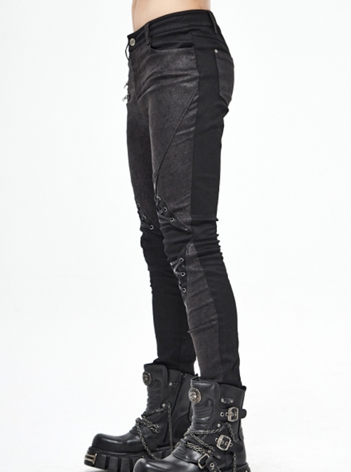 Punk Style Elastic Twill Stitching Contrast Color Rubber Knee Asymmetric Tie Rope Design Black Fake Two Piece Pants