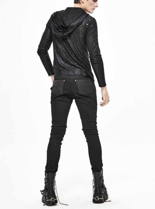 Punk Style Elastic Twill Stitching Contrast Color Rubber Knee Asymmetric Tie Rope Design Black Fake Two Piece Pants