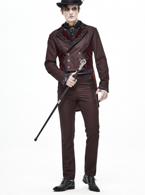 Gothic Style Simple Twill Suit Fabric Side Lace Webbing Front Center Zipper Decoration Brown Daily Slim Pants