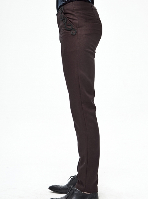 Gothic Style Simple Twill Suit Fabric Side Lace Webbing Front Center Zipper Decoration Brown Daily Slim Pants