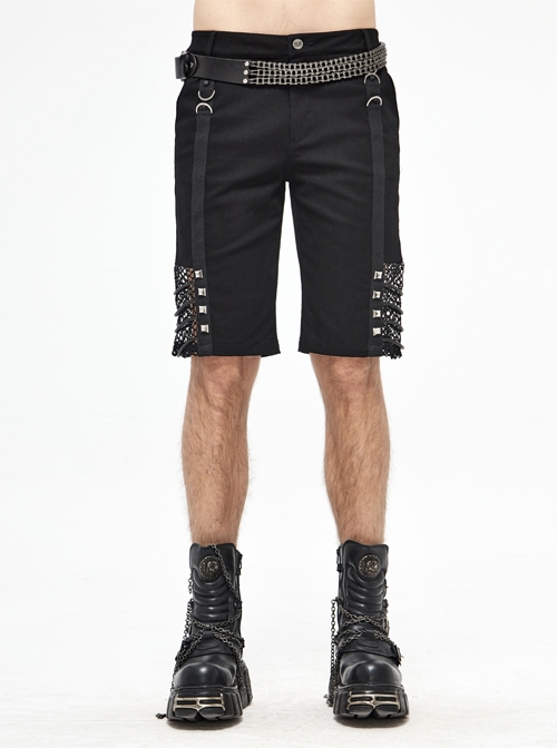 Punk Style Elastic Twill Side Stitching Mesh D Type Rivet Men's Black Daily Shorts