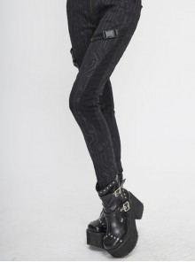 Punk Style Twill Mechanical Circuit Print Fabric Side Buckle Decoration Black Everyday Skinny Pants