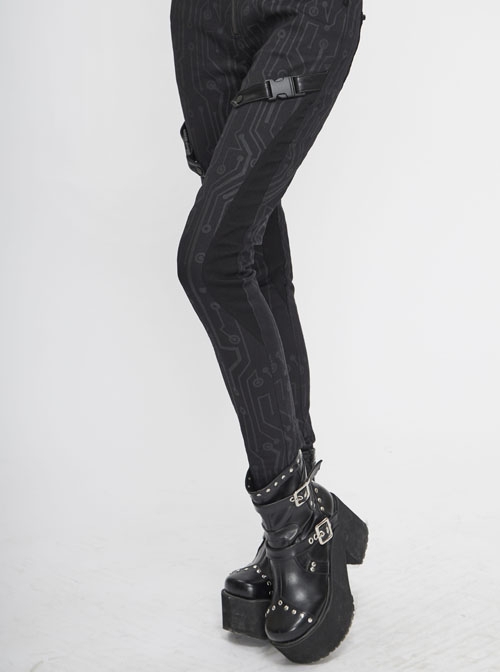 Punk Style Twill Mechanical Circuit Print Fabric Side Buckle Decoration Black Everyday Skinny Pants