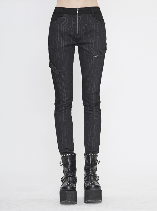 Punk Style Twill Mechanical Circuit Print Fabric Side Buckle Decoration Black Everyday Skinny Pants