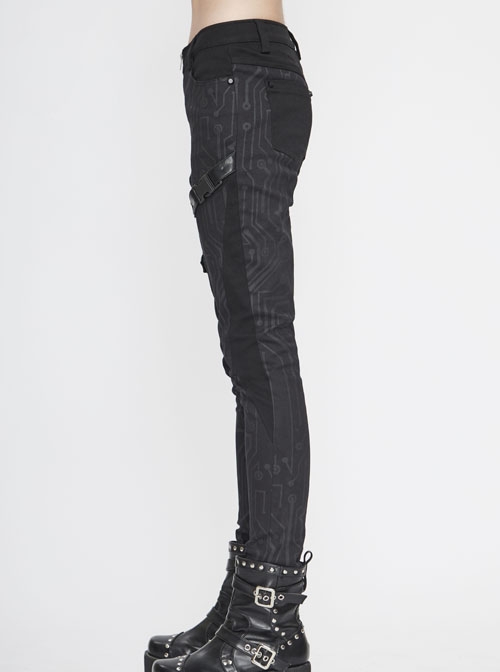 Punk Style Twill Mechanical Circuit Print Fabric Side Buckle Decoration Black Everyday Skinny Pants