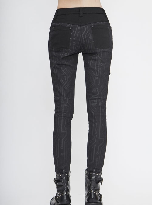 Punk Style Twill Mechanical Circuit Print Fabric Side Buckle Decoration Black Everyday Skinny Pants