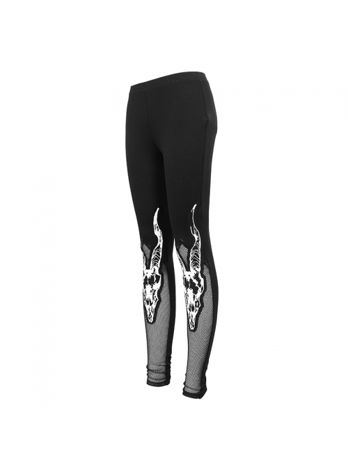 Gothic Style Mesh Patchwork Stretch Knit Calf Devil Horn Print Pattern Decoration Black Daily Leggings