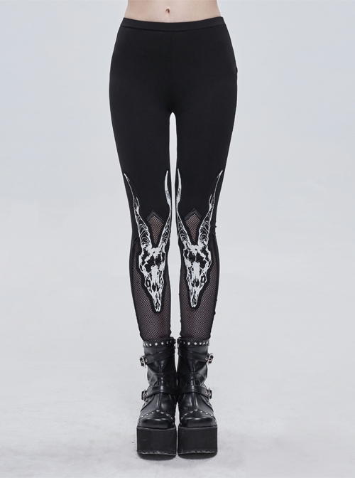 Gothic Style Mesh Patchwork Stretch Knit Calf Devil Horn Print Pattern Decoration Black Daily Leggings