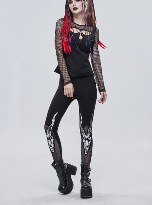 Gothic Style Mesh Patchwork Stretch Knit Calf Devil Horn Print Pattern Decoration Black Daily Leggings