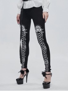 Gothic Style Simple Stretch Knit Fabric White Lace Lace Up Printed Pattern On The Legs Black Daily Leggings