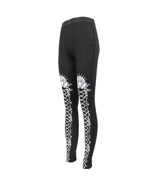 Gothic Style Simple Stretch Knit Fabric White Lace Lace Up Printed Pattern On The Legs Black Daily Leggings