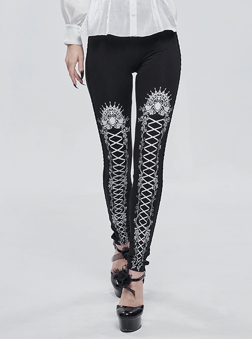 Gothic Style Simple Stretch Knit Fabric White Lace Lace Up Printed Pattern On The Legs Black Daily Leggings