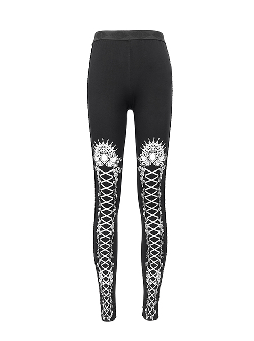 Gothic Style Simple Stretch Knit Fabric White Lace Lace Up Printed Pattern On The Legs Black Daily Leggings