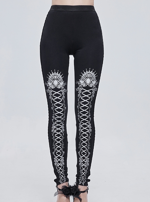 Gothic Style Simple Stretch Knit Fabric White Lace Lace Up Printed Pattern On The Legs Black Daily Leggings