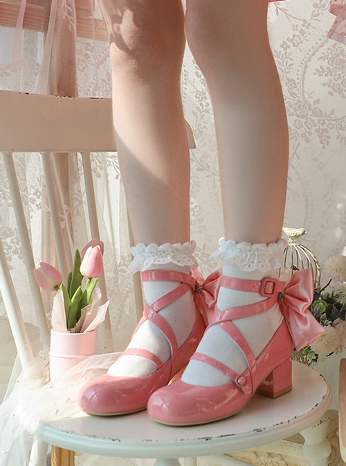 Tonight Moonlight Series Cute Doll Ballet Cross Ribbon Bowknot Round Toe Sweet Lolita Glossy Mary Jane Shoes