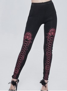 Gothic Style Simple Stretch Knit Fabric Leg Red Lace Lace Up Print Pattern Black Daily Leggings