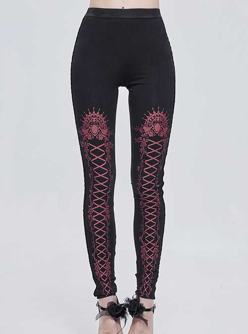 Gothic Style Simple Stretch Knit Fabric Leg Red Lace Lace Up Print Pattern Black Daily Leggings