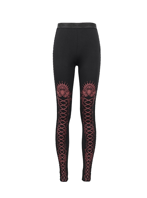 Gothic Style Simple Stretch Knit Fabric Leg Red Lace Lace Up Print Pattern Black Daily Leggings