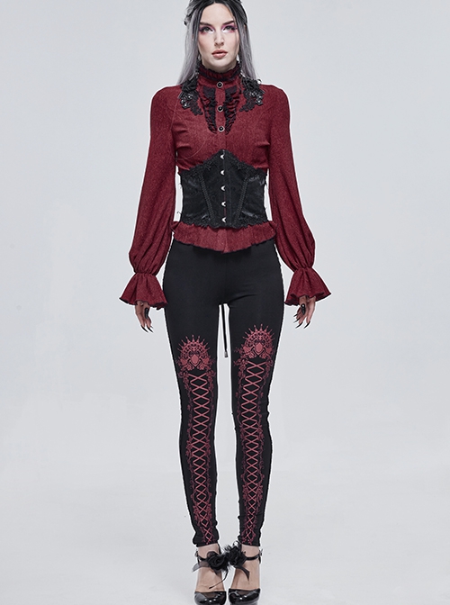 Gothic Style Simple Stretch Knit Fabric Leg Red Lace Lace Up Print Pattern Black Daily Leggings