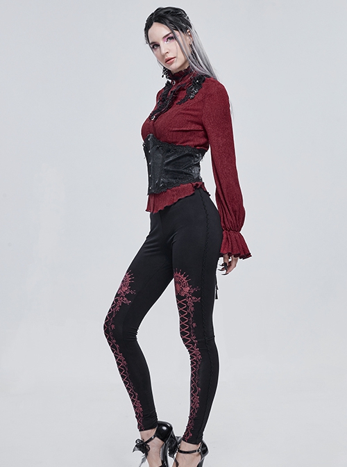 Gothic Style Simple Stretch Knit Fabric Leg Red Lace Lace Up Print Pattern Black Daily Leggings