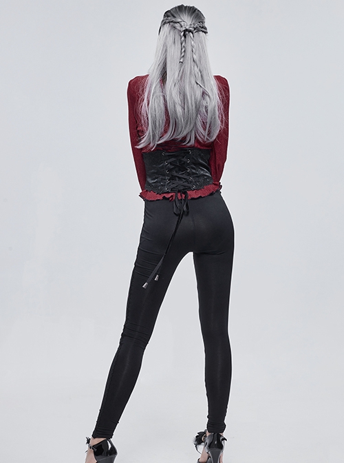 Gothic Style Simple Stretch Knit Fabric Leg Red Lace Lace Up Print Pattern Black Daily Leggings