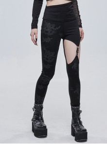 Gothic Style Asymmetric Stretch Knit Spider Web Pattern Holes On The Right Side And Adjustable Hollow Elastic Band Black And Gray Daily Leggings