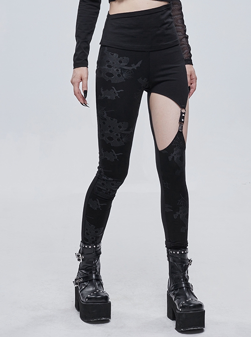 Gothic Style Asymmetric Stretch Knit Spider Web Pattern Holes On The Right Side And Adjustable Hollow Elastic Band Black And Gray Daily Leggings