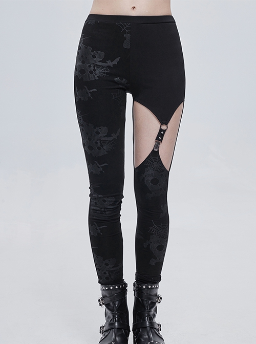 Gothic Style Asymmetric Stretch Knit Spider Web Pattern Holes On The Right Side And Adjustable Hollow Elastic Band Black And Gray Daily Leggings