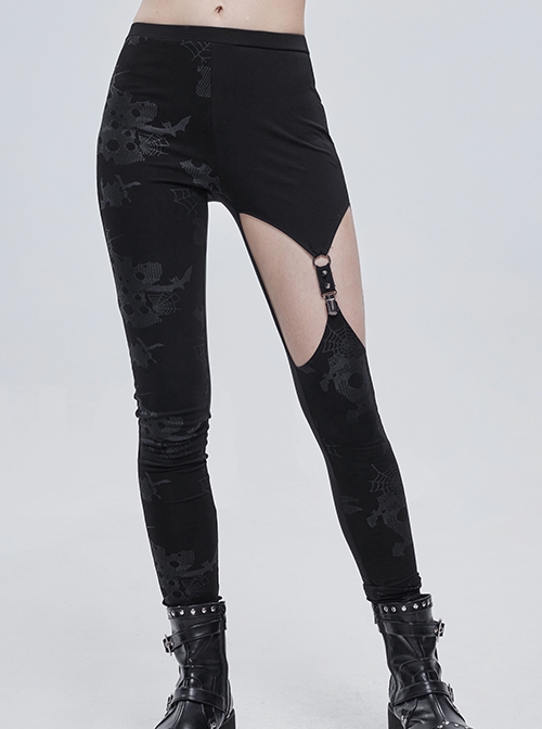 Gothic Style Asymmetric Stretch Knit Spider Web Pattern Holes On The Right Side And Adjustable Hollow Elastic Band Black And Gray Daily Leggings