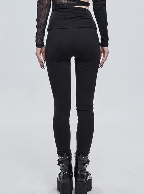 Gothic Style Asymmetric Stretch Knit Spider Web Pattern Holes On The Right Side And Adjustable Hollow Elastic Band Black And Gray Daily Leggings