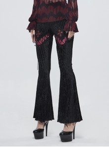 Gothic Style Sexy Vertical Striped Velvet Fabric V-Shaped Lace Pattern In The Front Center With Cross Lace Decoration Black Flared Pants