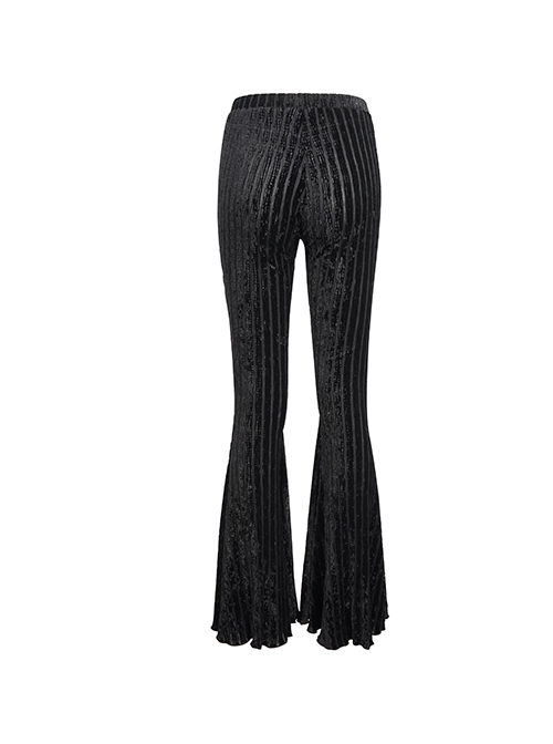 Gothic Style Sexy Vertical Striped Velvet Fabric V-Shaped Lace Pattern In The Front Center With Cross Lace Decoration Black Flared Pants