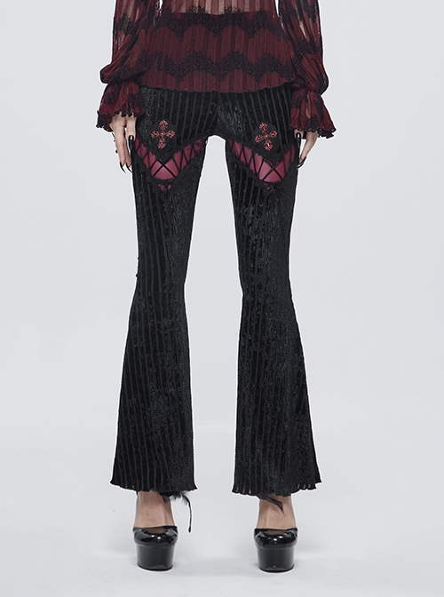 Gothic Style Sexy Vertical Striped Velvet Fabric V-Shaped Lace Pattern In The Front Center With Cross Lace Decoration Black Flared Pants