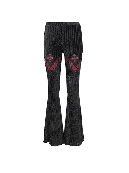 Gothic Style Sexy Vertical Striped Velvet Fabric V-Shaped Lace Pattern In The Front Center With Cross Lace Decoration Black Flared Pants