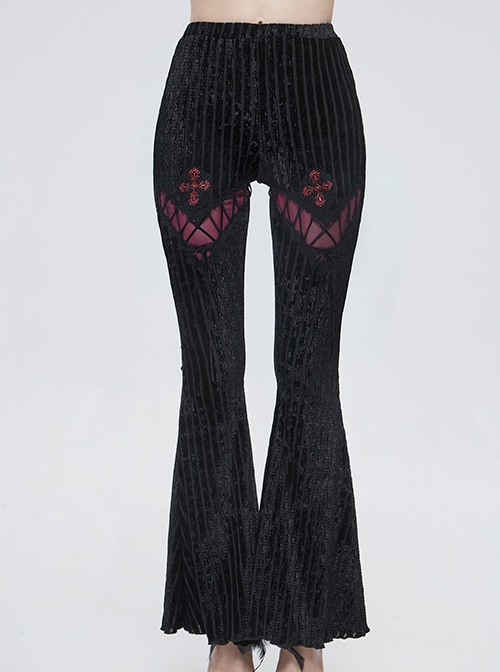 Gothic Style Sexy Vertical Striped Velvet Fabric V-Shaped Lace Pattern In The Front Center With Cross Lace Decoration Black Flared Pants