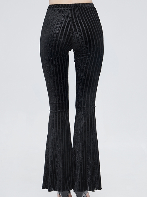 Gothic Style Sexy Vertical Striped Velvet Fabric V-Shaped Lace Pattern In The Front Center With Cross Lace Decoration Black Flared Pants