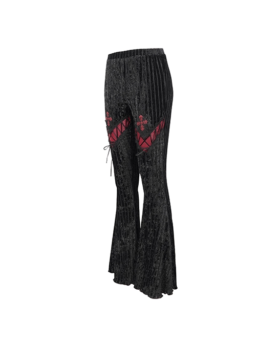 Gothic Style Sexy Vertical Striped Velvet Fabric V-Shaped Lace Pattern In The Front Center With Cross Lace Decoration Black Flared Pants