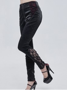 Gothic Style Mid High Waist Dark Textured Leather Side Red Lace Decoration With Metal Zipper Adjustable Black Slim Trousers