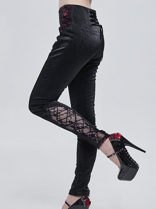 Gothic Style Mid High Waist Dark Textured Leather Side Red Lace Decoration With Metal Zipper Adjustable Black Slim Trousers