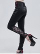 Gothic Style Mid High Waist Dark Textured Leather Side Red Lace Decoration With Metal Zipper Adjustable Black Slim Trousers