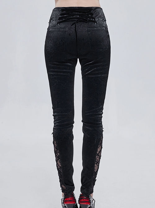 Gothic Style Mid High Waist Dark Textured Leather Side Red Lace Decoration With Metal Zipper Adjustable Black Slim Trousers