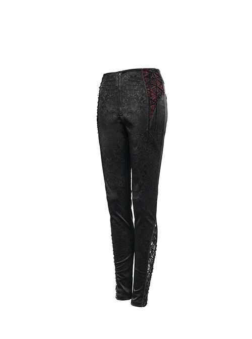 Gothic Style Mid High Waist Dark Textured Leather Side Red Lace Decoration With Metal Zipper Adjustable Black Slim Trousers