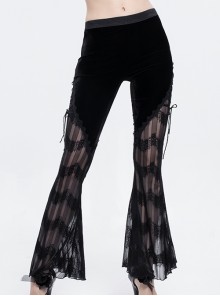 Gothic Style Sexy Slightly Transparent Lace Lace Up Splicing Striped Fabric Black Flared Pants