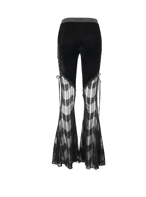 Gothic Style Sexy Slightly Transparent Lace Lace Up Splicing Striped Fabric Black Flared Pants