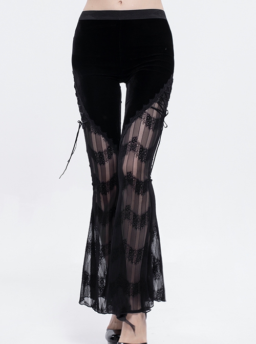 Gothic Style Sexy Slightly Transparent Lace Lace Up Splicing Striped Fabric Black Flared Pants