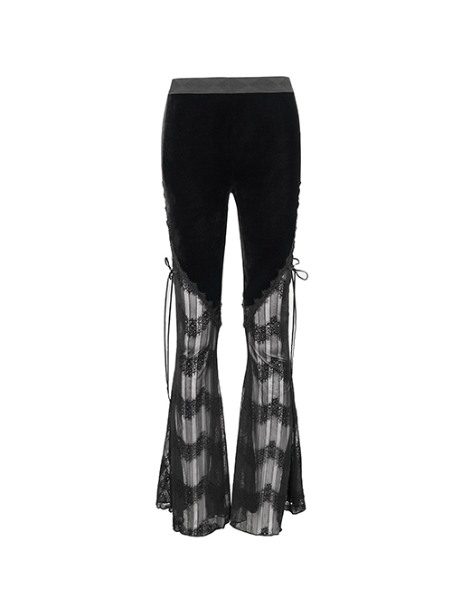 Gothic Style Sexy Slightly Transparent Lace Lace Up Splicing Striped Fabric Black Flared Pants