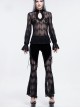 Gothic Style Sexy Slightly Transparent Lace Lace Up Splicing Striped Fabric Black Flared Pants