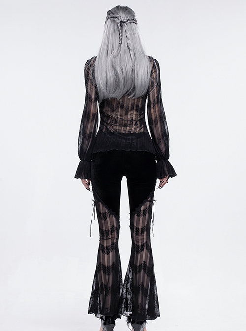 Gothic Style Sexy Slightly Transparent Lace Lace Up Splicing Striped Fabric Black Flared Pants