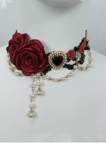 Asymmetric Gorgeous Mesh Yarn Rose Gemstone Heart Shape Diamond Pearl Chain Classic Lolita Lace Necklace
